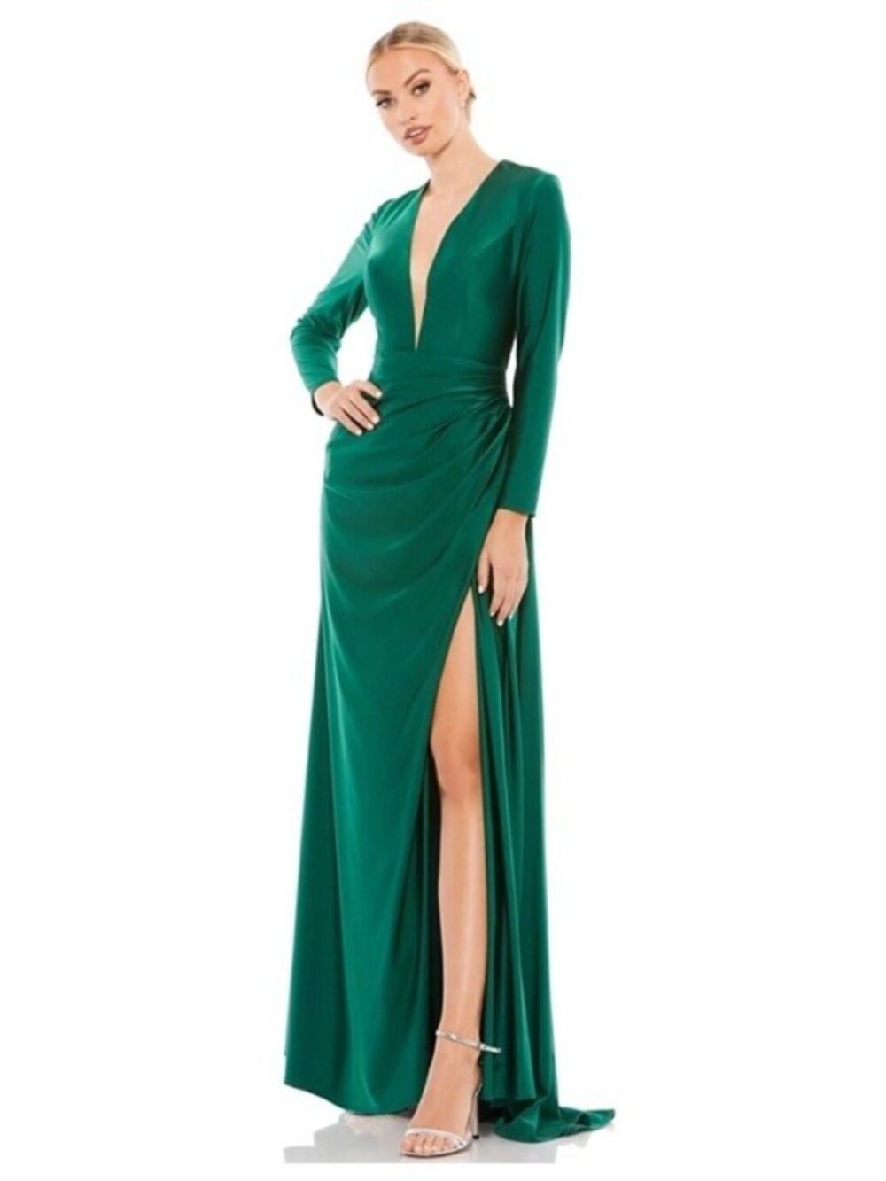 MAC DUGGAL Size 14 Green 26240 V-neck Slit Jersey Cocktail Formal Dress Gown